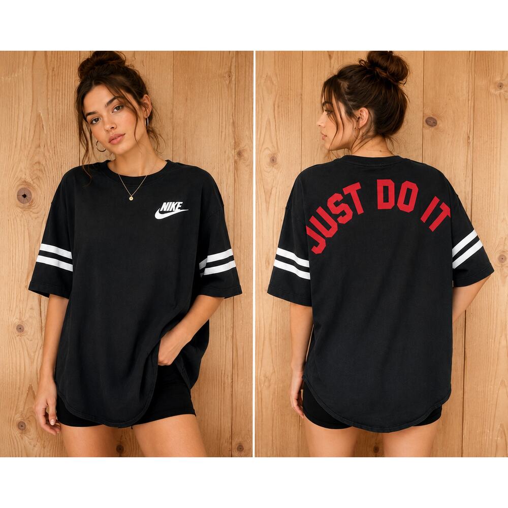 Nike Just Do It Oversized Tee Women's XL Black Varsity Stripe Graphic Shirt Y2K